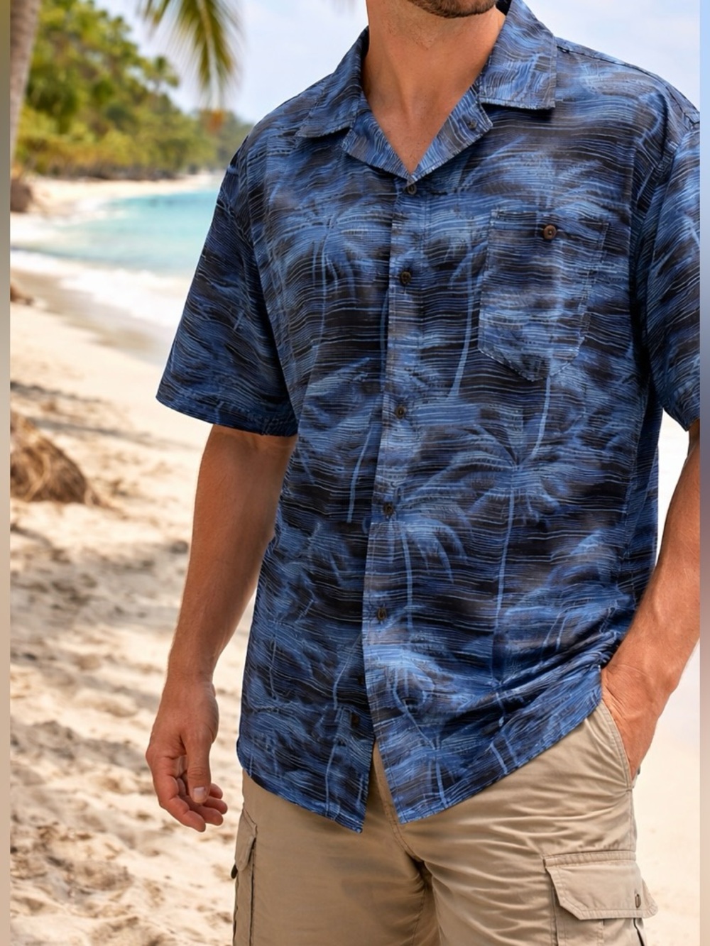 Men's M Blue Tropical Palm-Print button-up Short Sleeve Shirt | Beach Vibes